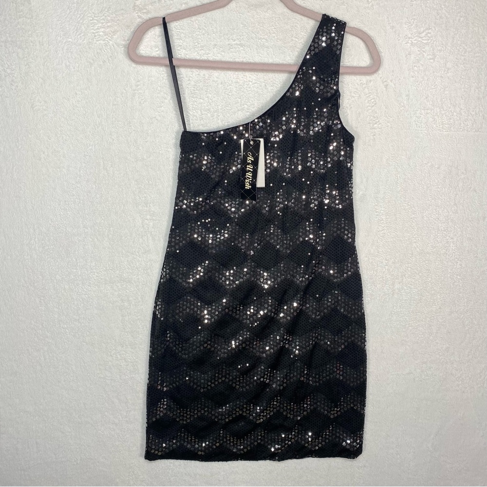 NWT Womens Size Medium Sparkly Black Sequin One Shoulder‎ Mini Dress